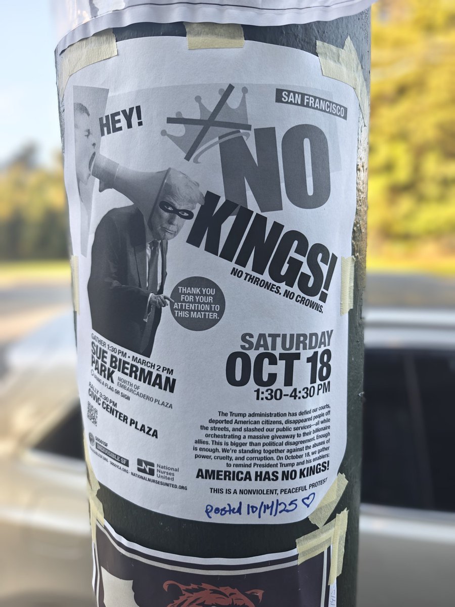 🚨CITIZENS OF SAN FRANCISCO 🌉… today 📢, NO KINGS MARCH &amp; Rally. march, assemble at Sue Bierman Park, near Ferry Building at 1:30pm, March at 2pm. join us in front of SF City Hall around 3:30pm for rally. Important we raise our fists ✊ in protest of this fascist regime.🌉☮️✊