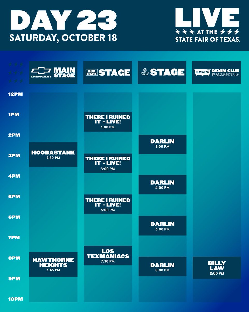 State Fair of Texas (@statefairoftx) on Twitter photo Second-to-last day, but the lineup is still loaded! 🎸
📍 Catch live performances all Fair long on the @Chevrolet Main Stage, @BudLight Stage, <a href="/BankofTexas/">Bank of Texas</a> Stage, and @Levis Denim Club. Second-to-last day, but the lineup is still loaded! 🎸
📍 Catch live performances all Fair long on the @Chevrolet Main Stage, @BudLight Stage, <a href="/BankofTexas/">Bank of Texas</a> Stage, and @Levis Denim Club.
