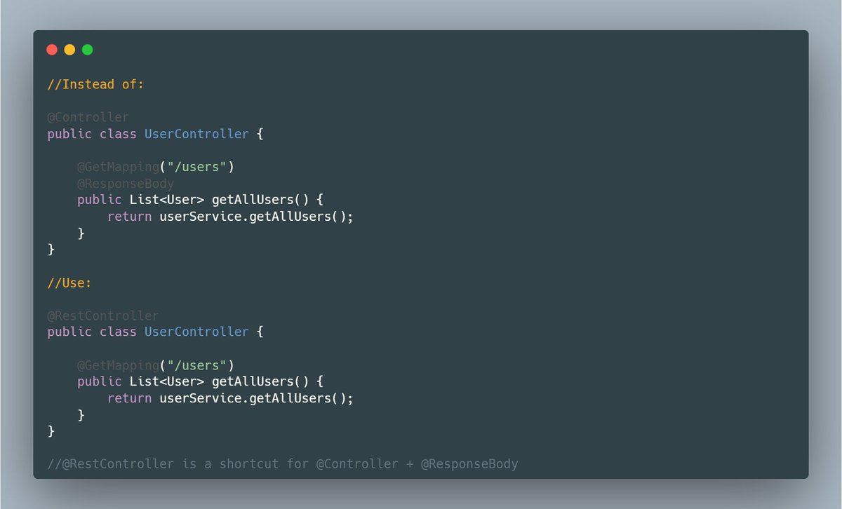 mario_casari's tweet image. 💡 For REST APIs, prefer @RestController over @Controller + @ResponseBody.
🟤 @Controller is used to return views like JSP, or Thymeleaf templates.
🟤 @RestController is used for REST APIs, and it returns data (usually JSON or XML).
#SpringBoot