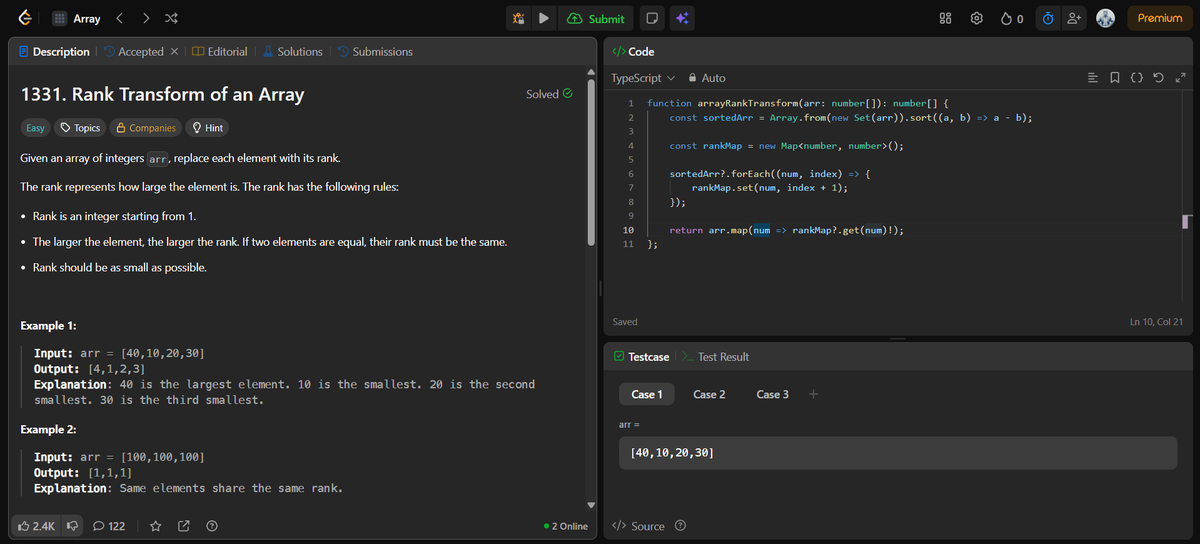 jitesh_mern_dev's tweet image. Day 6 of my LeetCode grind
Today’s problem: Rank Transform of an Array
Learned how handy Set() and Map() can be together for problems like this
#LeetCodeDailyGrind #100DaysOfCode #MERN #ProblemSolving #JavaScript #LeetCode