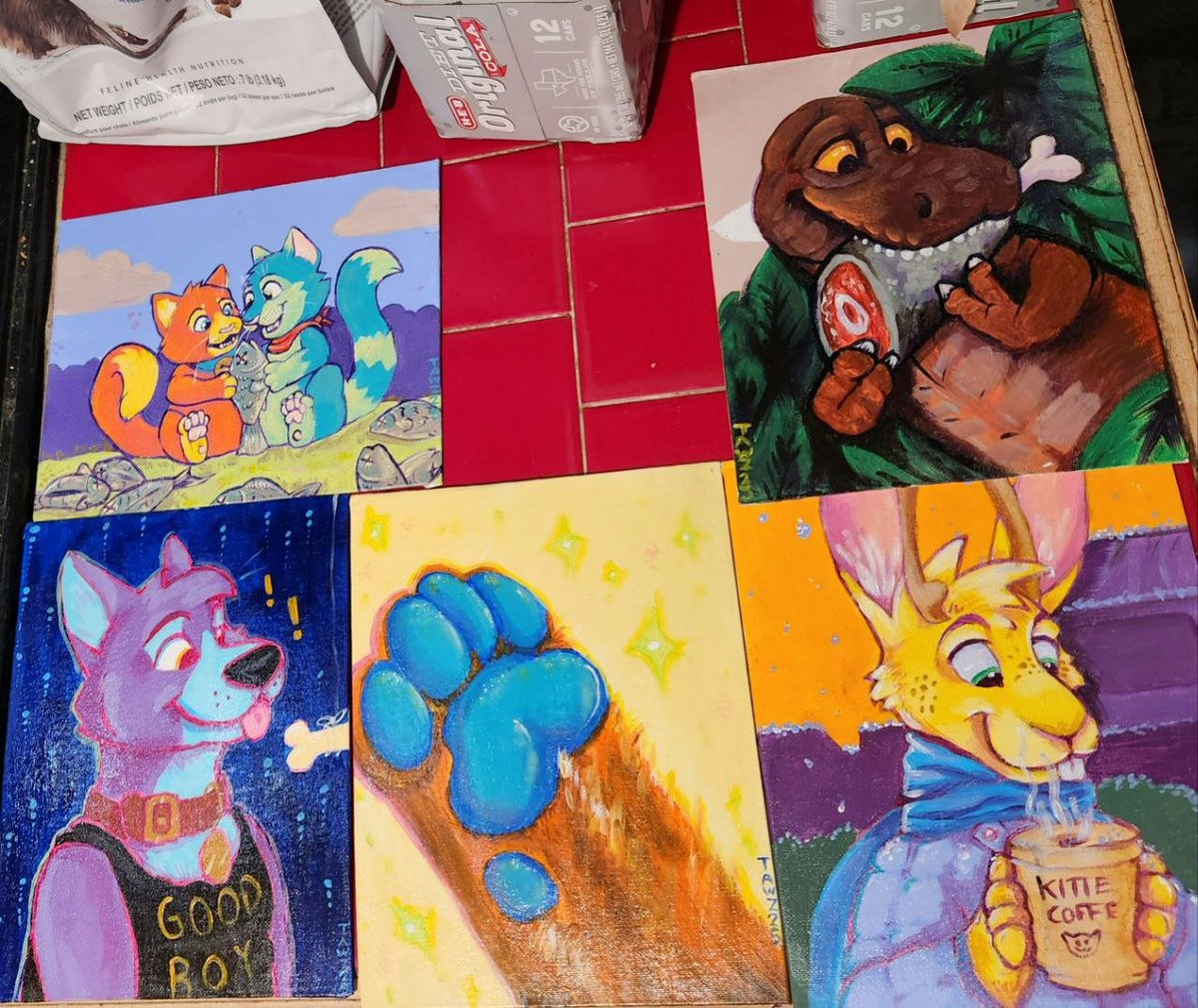 YELLO ooUT THERE - due to govmint shut downs, I will be selling the following paintings, and taking painting commissions at 10$ an inch longest side of the canvas.  Paintings pictured are the smaller ones I have available, I will have more through my etsy &lt;3  I will link that
