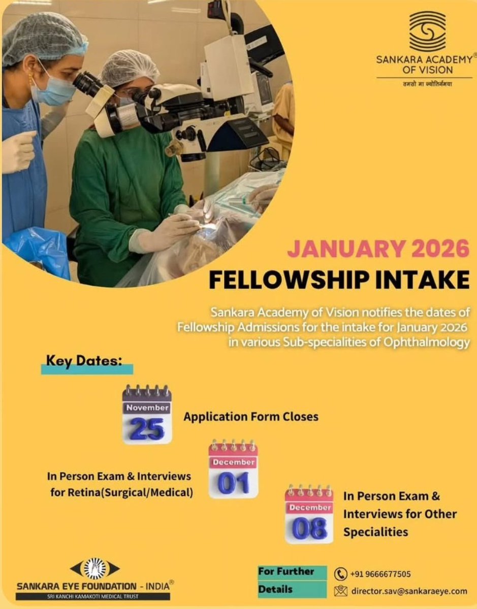 Applications open for long term fellowships in Ophthalmology Subspecialties <a href="/SankaraV2020/">SankaraEyeHospital</a> <a href="/SAVResearch/">Sankara Academy of Vision</a>. 

The program is comprehensive with structured curriculum, training on VR Simulator <a href="/HelpMeSee/">HelpMeSee</a> and then guided training in ophthalmology surgical procedures. Plenty of hands on