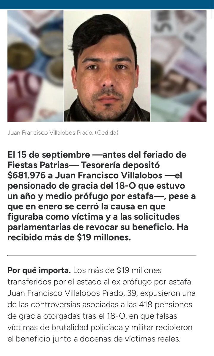 Inaceptable!  JFco Villalobos -el pensionado de gracia del 18-O q estuvo 1,5 años prófugo xestafa-pese a q en enero se cerró la causa en q figuraba como víctima y a las solicitudes parlamentarias de revocar el beneficio ha recibido más de $19 millones!
sl1nk.com/nAPTw