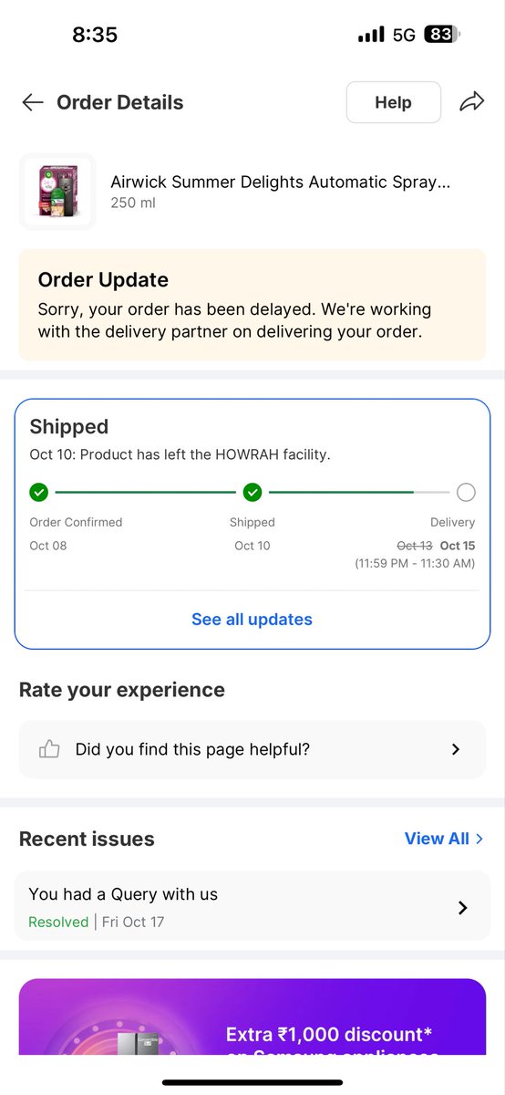 sourav8383's tweet image. Ordered an Airwick Automatic Room Freshener from Flipkart on Oct 8, expected by Oct 15 — still not delivered!
Had to buy it myself during the festive rush.
This delay violates consumer rights  compensate me or face a consumer court case.
#FlipkartFail #ConsumerRights