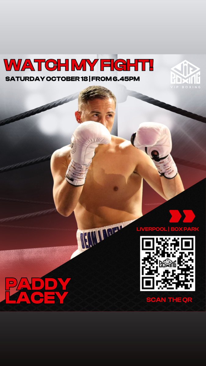 vipboxing's tweet image. 🔥 Watch My Fight! 🔥

Paddy Lacey returns to the ring tonight at Liverpool Box Park 🥊

🎥 Stream live from 6:45 PM
👉 youtube.com/live/yldi9GI_A…

#PaddyLacey #VIPBoxing #FightNight #LiverpoolBoxPark #TeamVIP #ProBoxing