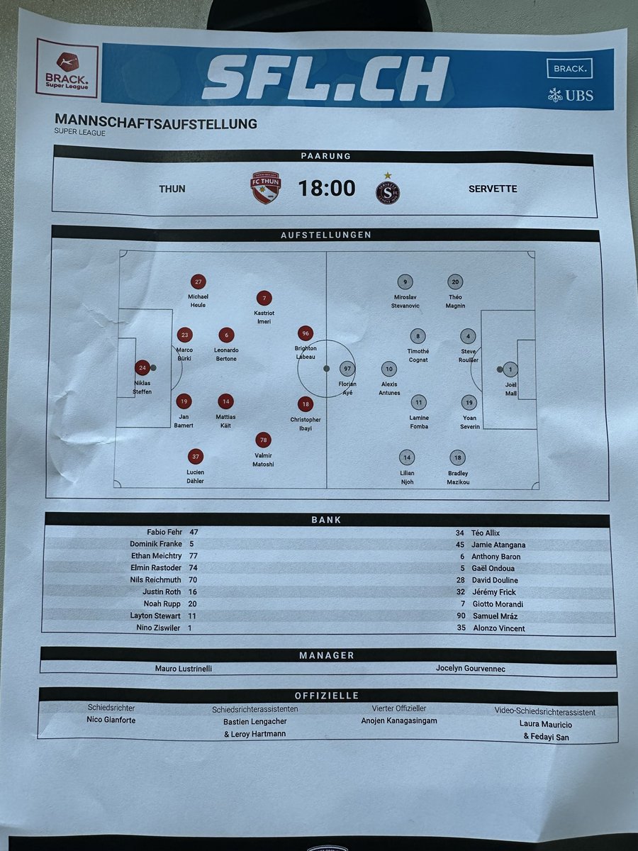 La feuille de match de Thoune - <a href="/ServetteFC/">Servette FC</a> ⬇️