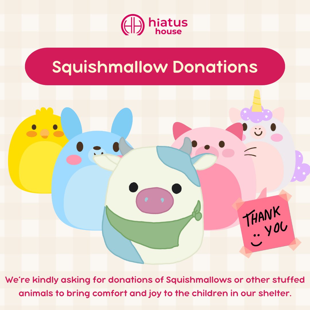 We’re currently looking for donations of Squishmallows or other stuffed animals for the children in our Child &amp; Youth Center (CYC). 

🧸 Donations can be dropped off at:
Hiatus House – 250 Louis Ave

Thank you so much for your kindness and support! ❤️

#HiatusHouse
