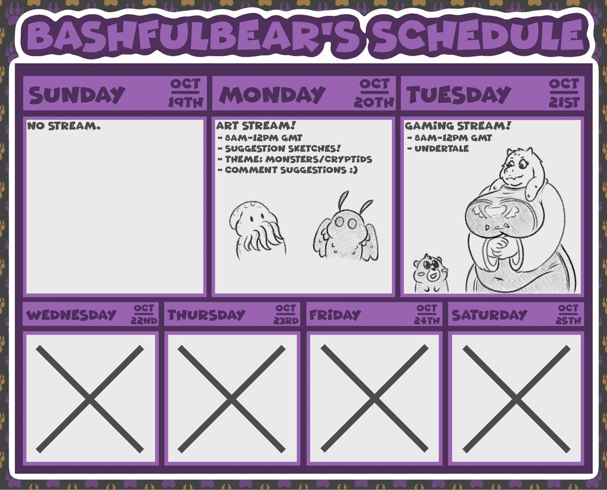 𝗦𝗰𝗵𝗲𝗱𝘂𝗹𝗲 𝗳𝗼𝗿 𝘁𝗵𝗶𝘀 𝘄𝗲𝗲𝗸! 
I’ll take sketch suggestions/comments until Monday :)