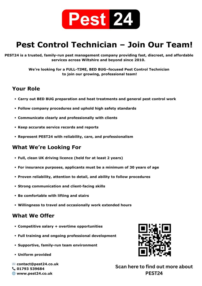 Pest24Bedbugs's tweet photo. A great opportunity with a family-run company in Swindon. No prior experience is required, as full training will be provided. https://t.co/JhAS4NdWWi