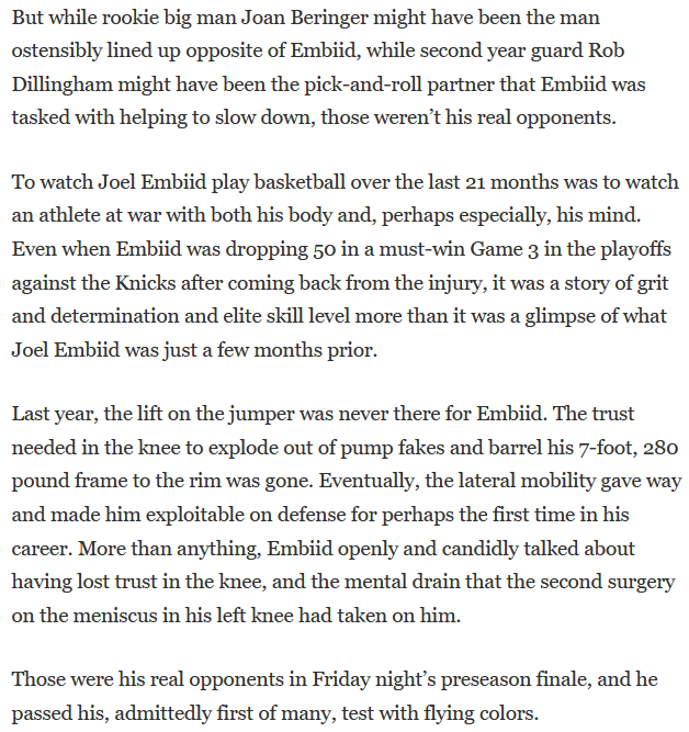 DerekBodnerNBA's tweet photo. The big takeaway from last night's preseason finale: Joel Embiid looked normal, in a way he never did last season. 

https://t.co/AIGTRgGOzI https://t.co/V6zo0AIblU