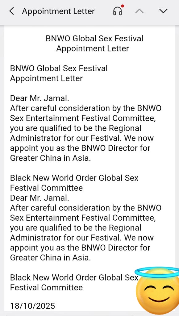 BBCKwame's tweet photo. Oh，me god ！！！I finally received the appointment letter from the Black New World Order Global Sex Event Committee。
#BBC https://t.co/OALo6dvudb