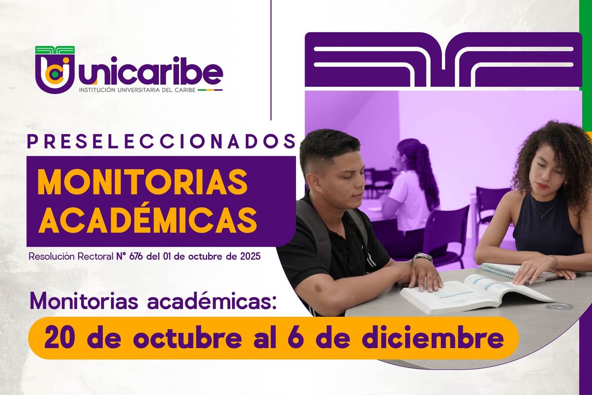 ⚠️¡Atención, estudiante Unicaribe!

📚 ¡Ya están los preseleccionados para las Monitorías Académicas!

 🔎📑Consulta
👉 acortar.link/XXG4RN

🙌 Vive la experiencia de ser monitor académico de la Institución Universitaria del Caribe   y potencia tu crecimiento académico. 💪