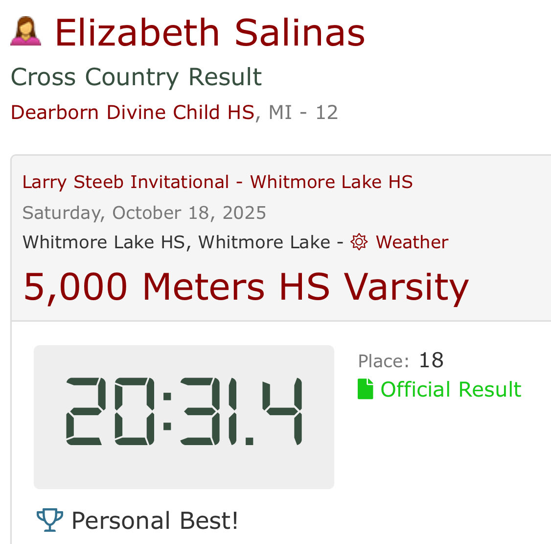 Lizzys1206's tweet photo. Today I ran the Larry Steeb Invitational at Witmore Lake High School, Coming 2nd for DC and 18th overall with a new PR of 20:31.39! 42nd best overall time in Divine Child history and 26th best senior time in DC history. @DivineChildAthl #RunDCXC https://t.co/xuEPZuR868