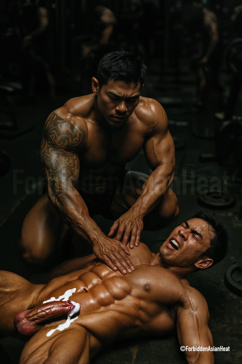 FBDasianheat's tweet photo. He pushed past his limit—legs trembling, abs locked, cock swollen under the strain. Trainer pinned him down, fingers digging into his chest to break the cramp, but his whole body was so tight, so overstimulated, he fucking snapped. Without a stroke, without a touch, he came—hard. Thick, hot cum shot up his abs, coating his torso in messy streaks as he screamed through gritted teeth. His body jerked like a live wire, muscles twitching under the trainer’s hands. “You fucking blew just from pressure?” the trainer growled, smirking down at him, eyes locked on the dripping mess. “Damn. You really are my favorite little tight-wired freak.”
