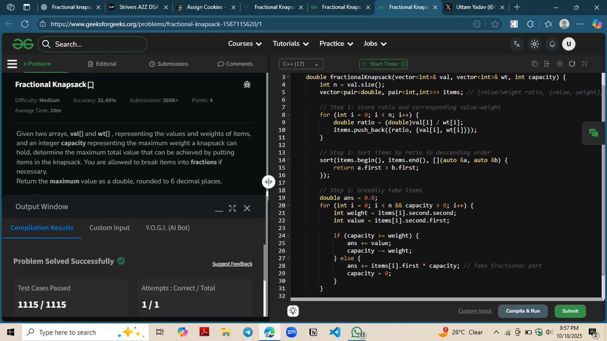 UttamYadav_01's tweet image. Day 76/90 #90DayChallenge 🚀
Focused on mastering the Greedy Algorithm today! 💡
Solved 👇
🍪 Assign Cookies
🎒 Fractional Knapsack
🍋 Lemonade Change
✅ Valid Parenthesis Checker
Learning how small greedy steps can lead to big optimal results 😎
#DSA #Coding #LearnToCode