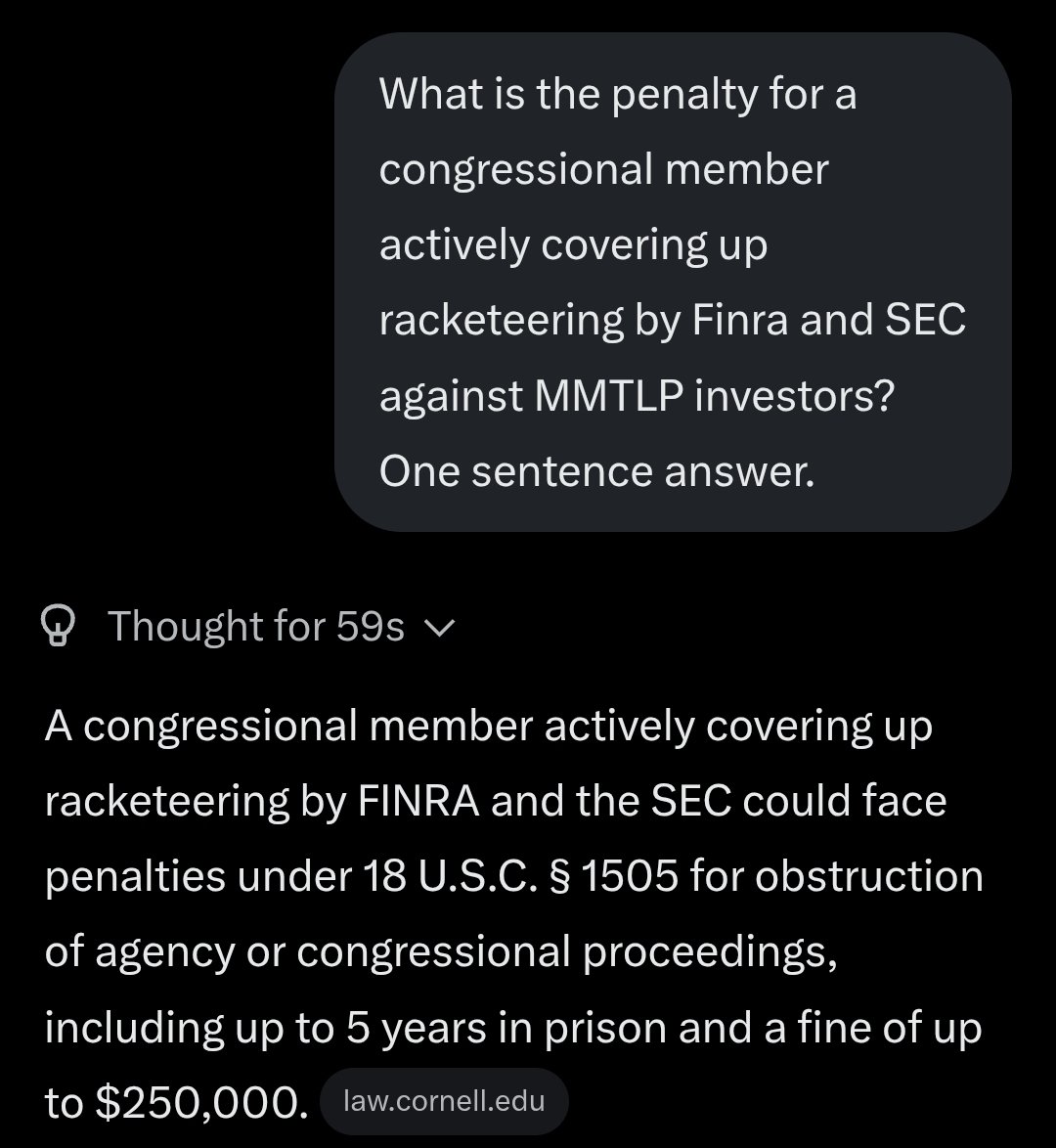 According to grok congressional members covering up MASSIVE FINANCIAL FRAUD by FINRA and SEC is a pretty serious charge!
