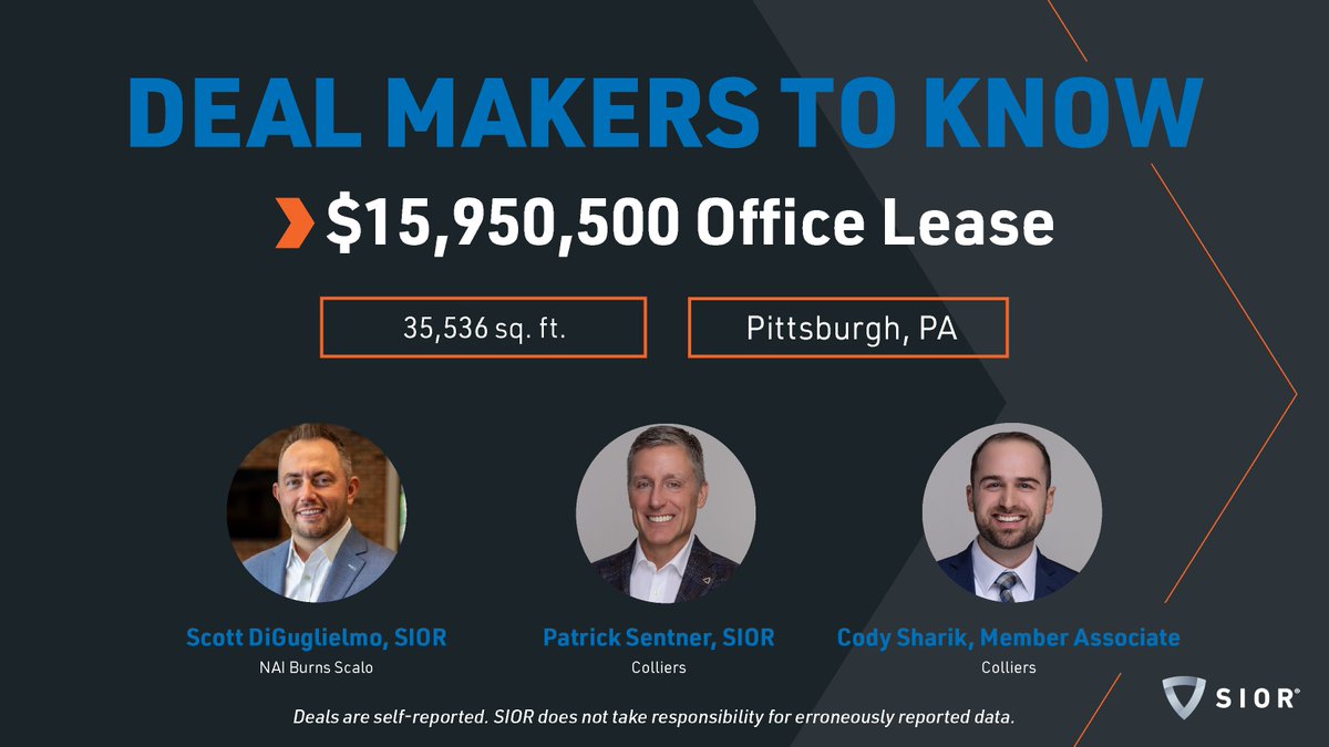 SIORglobal's tweet photo. Top-tier dealmaking in action! Huge congratulations to Scott DiGuglielmo, SIOR; Patrick Sentner, SIOR; & Cody Sharik, Member Associate, for closing a $15.9M #Offfice lease in Pittsburgh, PA. Well done!
Submit your deals to be featured: https://t.co/p76uCc2PKb
#SIOR #CRE https://t.co/F5om0pw2fr