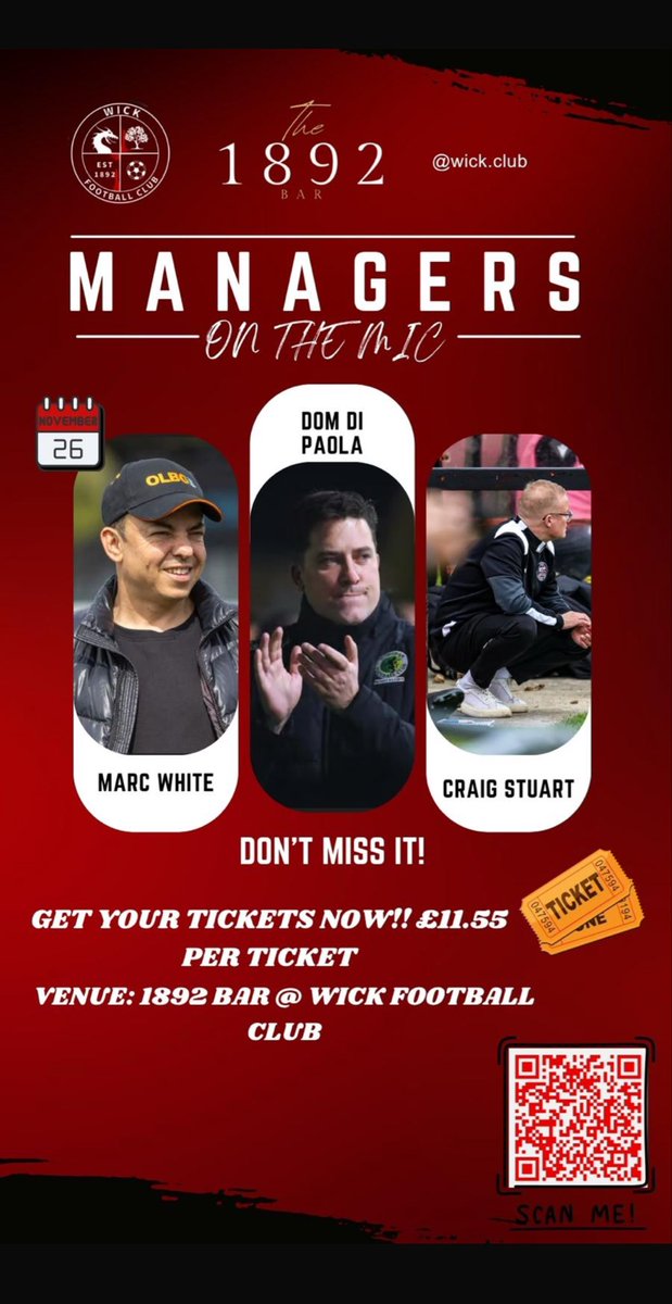 wick_club's tweet image. Next month we have a cracker of a night for you all. 

Introducing:

Managers on the Mic

Tickets available NOW here:

eventbrite.com/e/managers-on-…

Expecting this to be a sell out so grab yours soon!