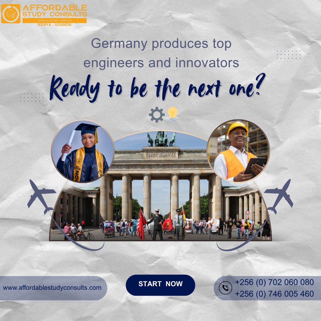 ASCstudyabroad's tweet image. Dreaming of becoming an engineer or innovator? 🚀
Germany gat you covered — and Affordable Study Consults is your bridge there! 🌍✨
📞 +256 (0) 702 060 080 / +256 (0) 746 005 460
🌐 affordablestudyconsults.com
#StudyInGermany #AffordableStudyConsults #EngineeringDreams