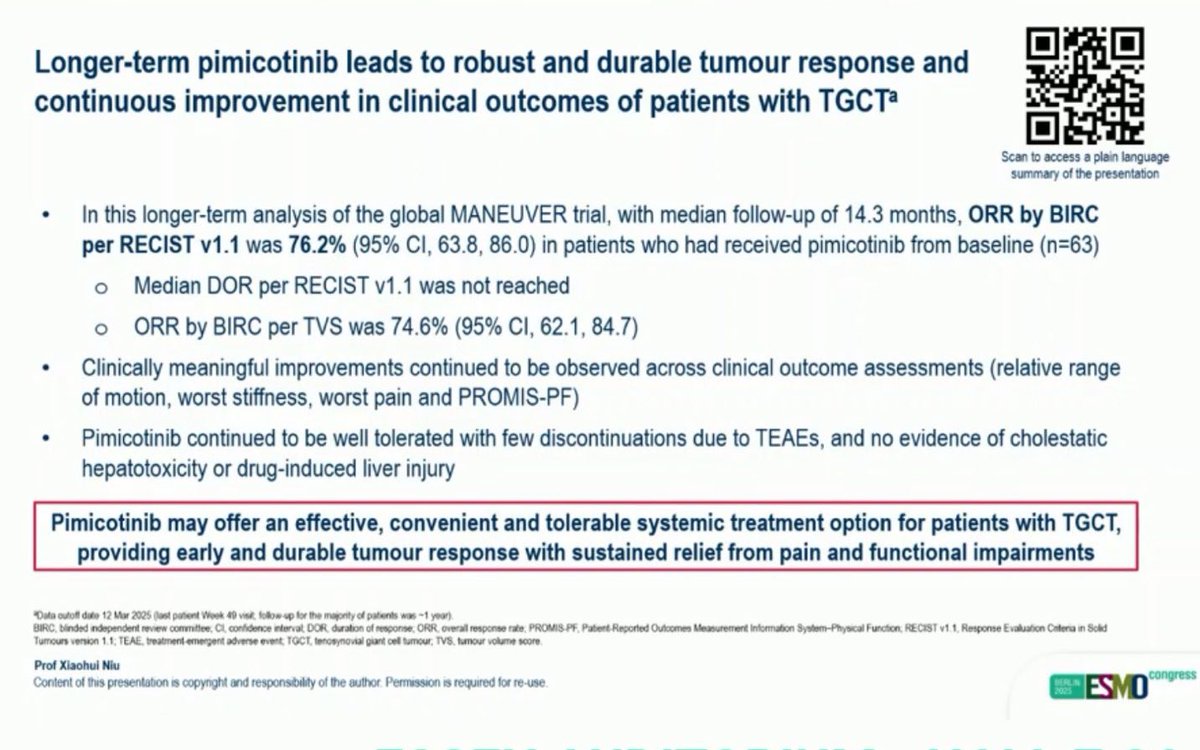MarioBalsaMD's tweet image. 🦴 #ESMO25 #Sarcomas – MANEUVER ph III trial of pimicotinib in TGCT (n=63): 

🎯ORR (BIRC) 76.2% | ORR (TVS): 74.6%
⏱ Median DOR: not reached
▪️Sustained tumor response, improved motion, and well tolerated

When it comes to TGCT, pimicotinib didn’t just move the needle…it moved…