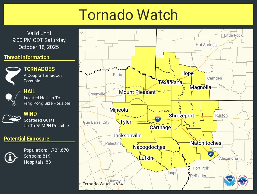NWSShreveport's tweet image. A tornado watch has been issued for parts of Arkansas, Louisiana, Oklahoma and Texas until 9 PM CDT