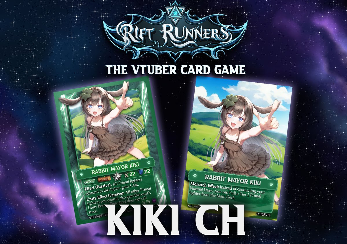 The Rabbitsville mayor herself is coming to the next set of Rift Runners! Ive been wanting to include <a href="/bunnyonvt/">Kiki Pyon-pyon 🍀🐰 【Katabasis】</a> for a while now. 

(Art by <a href="/D_KirigiP/">霧木りす</a>, BG Faididform) #RiftRunners #Vtuber #TCG