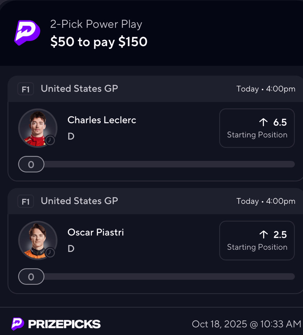 F1 POTD🏎️

Thanks for the support here’s the VIP POTD ☢️

See you guys at the 🏦 

Link to tail 
⬇️ 
prizepicks.onelink.me/gCQS/shareEntr…

Full F1 / CFB CARD 
⬇️ 
dubclub.win/af/afl-my2sy/