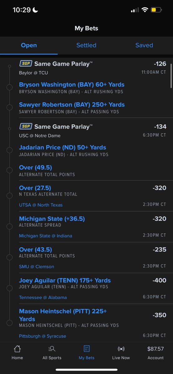 Going to start posting some of my bets.
Parlay and RR for CFB Saturday💥

This cashing?

#GamblingX #SportsBettingX #cfb
#sportsbettingpicks