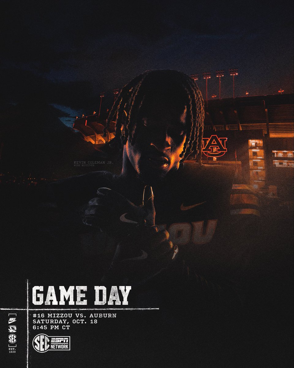 Game day in the Heart of Dixie 

@ Auburn 
🗓️ Saturday, Oct. 18th 
⏰ 6:45 p.m. CT
📺 @secnetwork 

#MIZ | #STP
