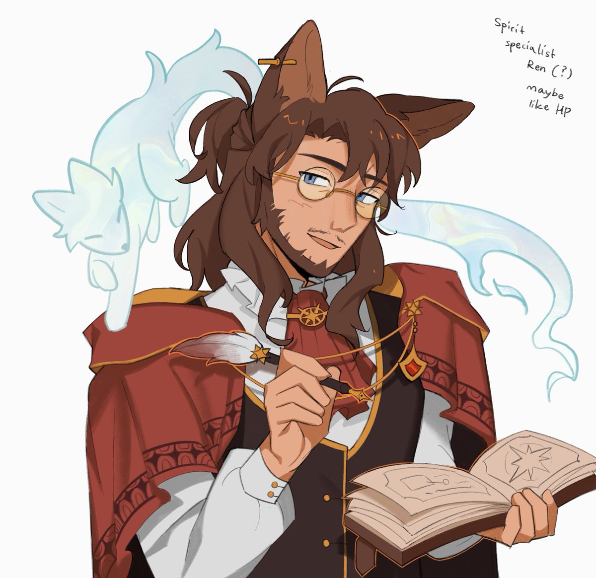 hearing ren’s s11 theme made me freak out so i drew silly magic/fantasy au…. hes a spirits and creatures researcher always holed up in his house doing god knows what  

#rendogfanart