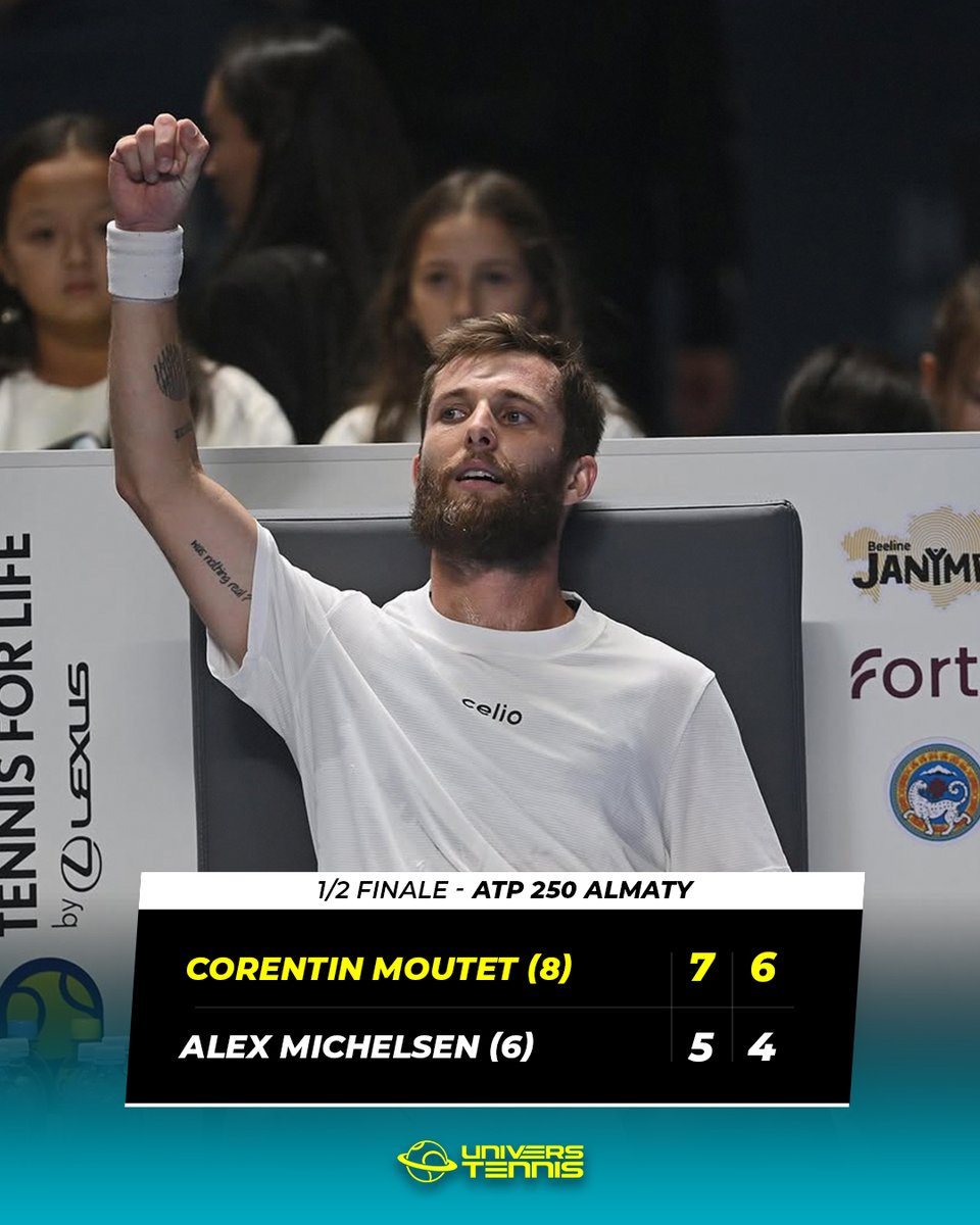 MOUTET EN FINALE 🇫🇷

Corentin Moutet domine Alex Michelsen en deux sets et rejoint Daniil Medvedev en finale du tournoi ATP 250 d'Almaty.

Virtuellement 36e mondial, le Français jouera pour un premier titre ATP après sa finale à Doha en 2020 et celle à Majorque cette saison. 🔥