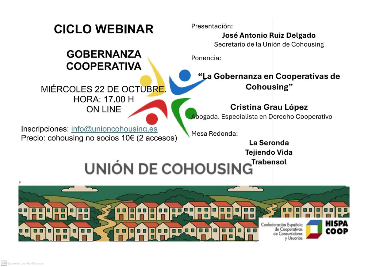 La UNION DE COHOUSING organiza este miércoles 22 de octubre un webinar acerca de "Gobernanza Cooperativa". Una sesión donde se hablará sobre la gestión participativa en las decisiones clave de las comunidades de cohousing.

Inscripciones en info@unioncohousing.es