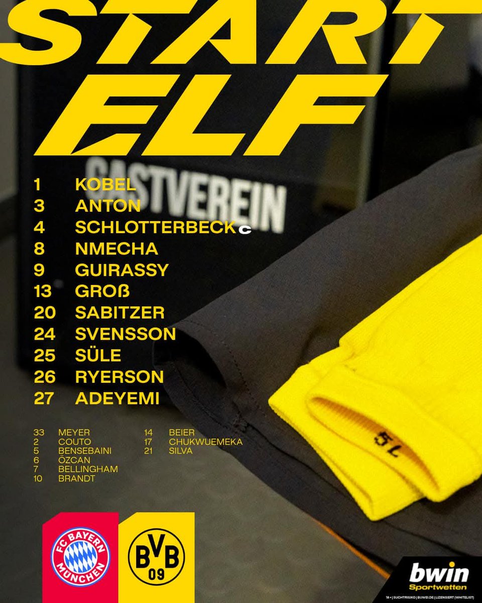 🚨 TEAM NEWS 🚨 

Here's the team to face Bayern! The big games come around and back in comes Süle, who'll partner Schlotti and Anton at the back! Adeyemi will be key today, he needs to get at Boey and Laimer!

HEJA BVB!

⚫🟡
#BVB
