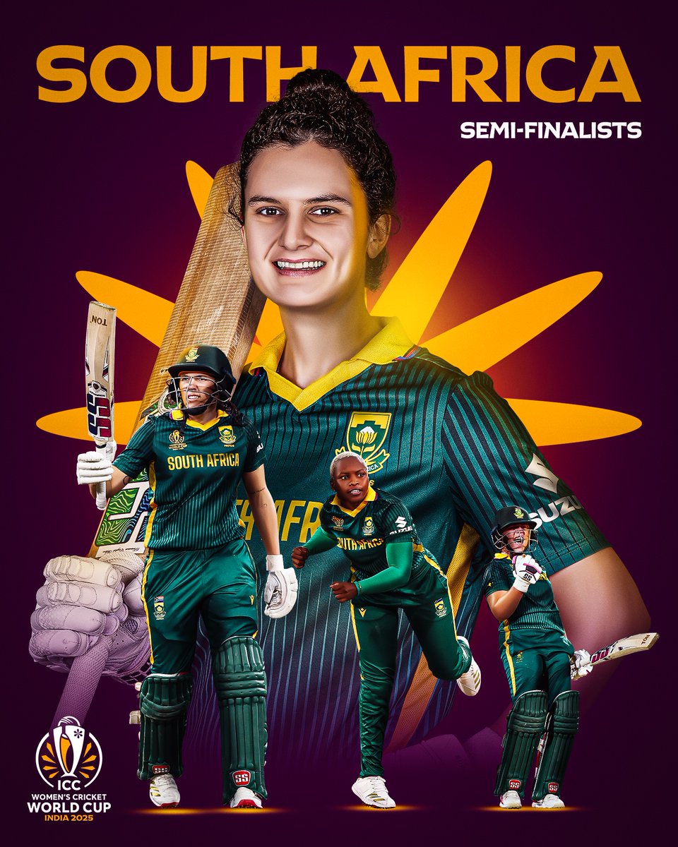 cricketworldcup's tweet photo. South Africa punch their ticket for #CWC25 semi-finals 🎫 https://t.co/P0lg4VkdF2