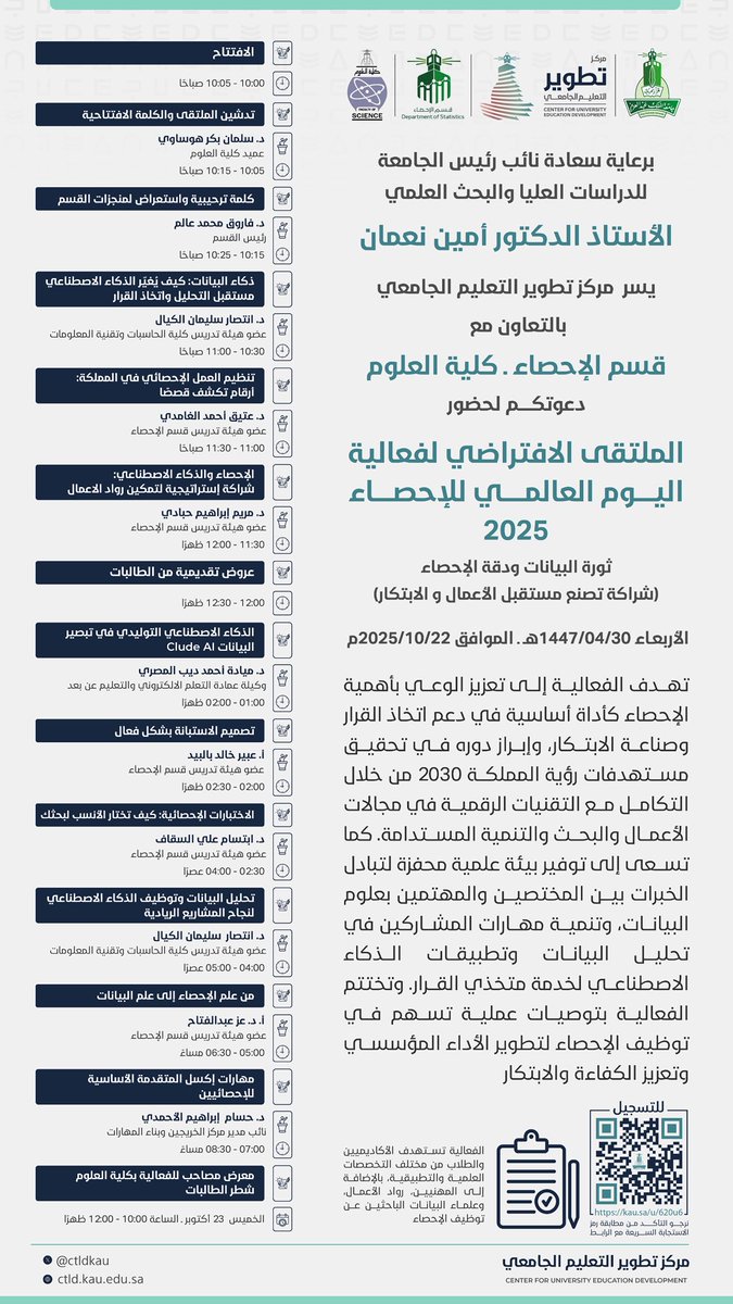 ctldkau's tweet photo. برعاية سعادة نائب رئيس الجامعة
للدراسات العليا والبحث العلمي
الأستاذ الدكتور أمين نعمان

يسر مركز تطوير التعليم الجامعي
بالتعاون مع [قسم الإحصاء بكلية العلوم] دعوتكم لحضور

📚 الملتقى الافتراضي لفعالية
اليوم العالمي للإحصاء 2025

ثورة البيانات ودقة الإحصاء
(شراكة تصنع مستقبل الأعمال والابتكار)

رابط التسجيل: 
https://t.co/KoHQEWTpBv
