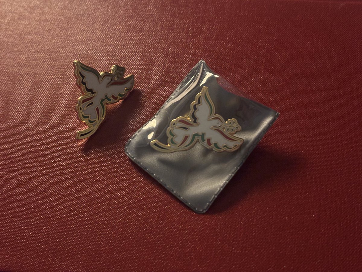 오늘 팔레스타인 집중 집회의 부스에서 산 뱃지예요.
집회에 못 온 친구한테도 나눠 주려고 두 개를 샀어요.
비둘기가 올리브 가지를 물고 날아가는 모양이에요.
팔레스타인에는 올리브가 많이 난대요.
팔레스타인 사람들이 다시 웃으면서 올리브를 딸 수 있으면 좋겠어요.