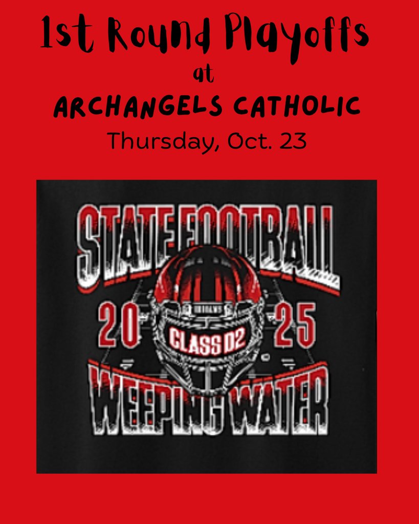 The Indians will travel to Humphrey on Thursday for a first round football game against Archangels Catholic. Start time is TBD. The store closes on Monday, Oct. 20 at 1:00 pm. No late orders will be accepted. #rolltribe weepingwaterstatefb2025.itemorder.com/shop/home/