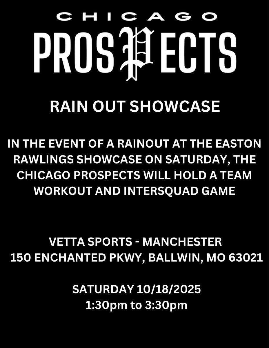 When it rains, we rise. ☔💪

The Chicago Prospects are bringing the energy indoors! Catch our Rain Out Showcase — workouts, intersquad play, and plenty of talent on display.

📍 Vetta Sports - Manchester
🗓️ Saturday 10/18 | 1:30–3:30 PM