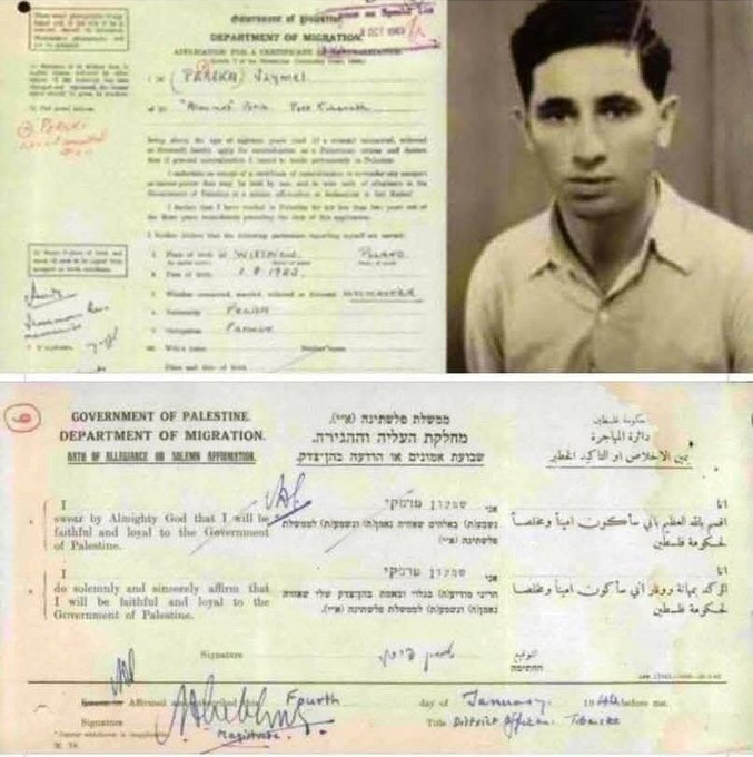 Two historical documents displayed side by side. The left document is from the Department of Migration, Government of Palestine, featuring a passport-style photo of a young man with short dark hair and formal attire, alongside typed and handwritten English text including sections for name, age, description, and declaration of loyalty to the Government of Palestine, dated January 1937 with signatures. The right document is similar but includes Hebrew and Arabic text, with a declaration of allegiance and additional signatures, dated 1937.