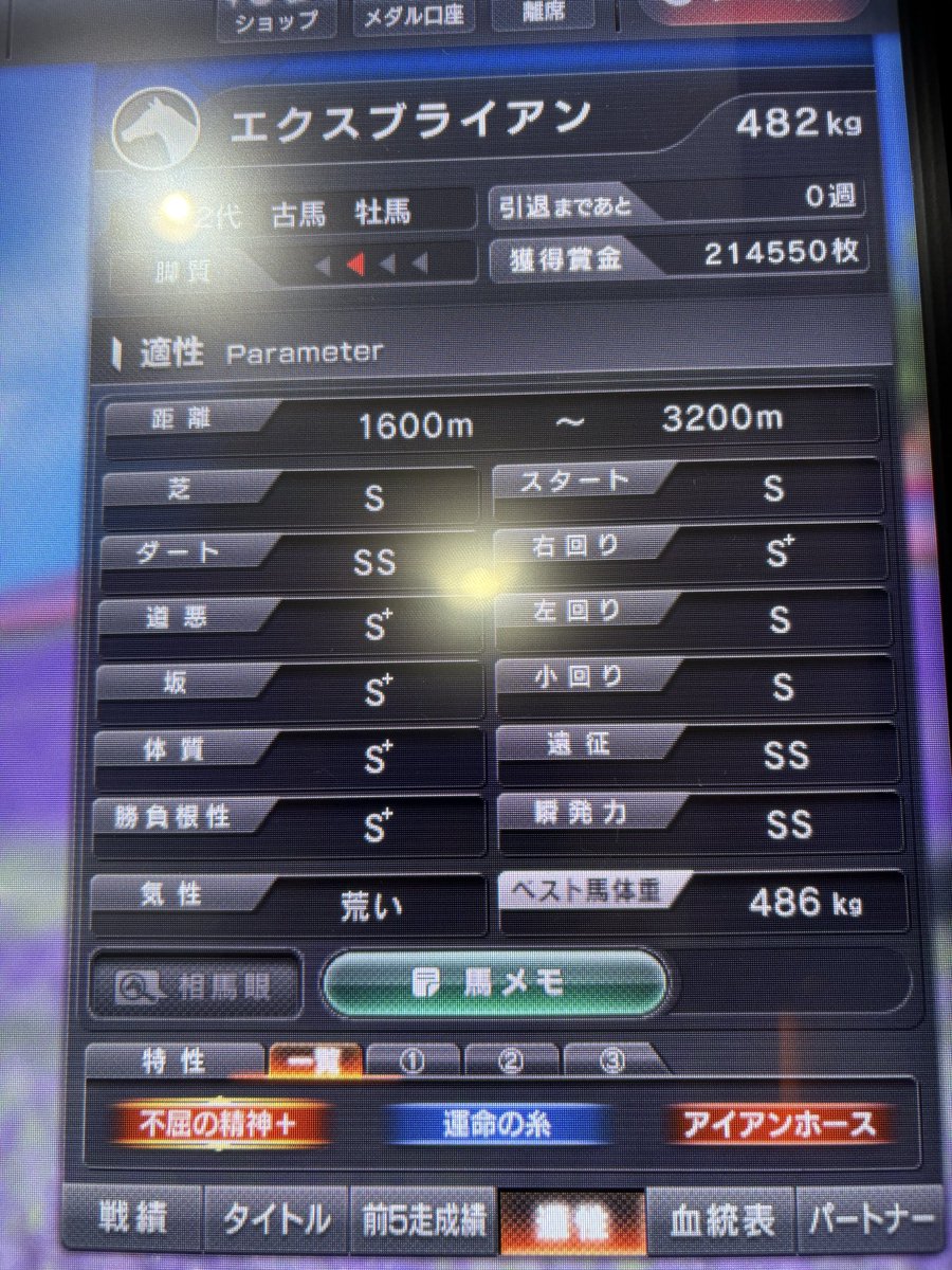 厩舎状況

①フリクラゴー　残り50週まだコメ消えたところ　48万枚
②ブライアン　発動中止漬け終わり
(画像の馬)
③3種　プレ勝ちSW撃沈
④2種　
⑤2種
⑥サラ
⑦サラ
⑧初代
⑨🈳

④と⑤で③の相手作って、②と配合予定
先は長いなぁ😂
目標の生産時パラオールS+
馴致してもなかなか厳しそう😮‍💨