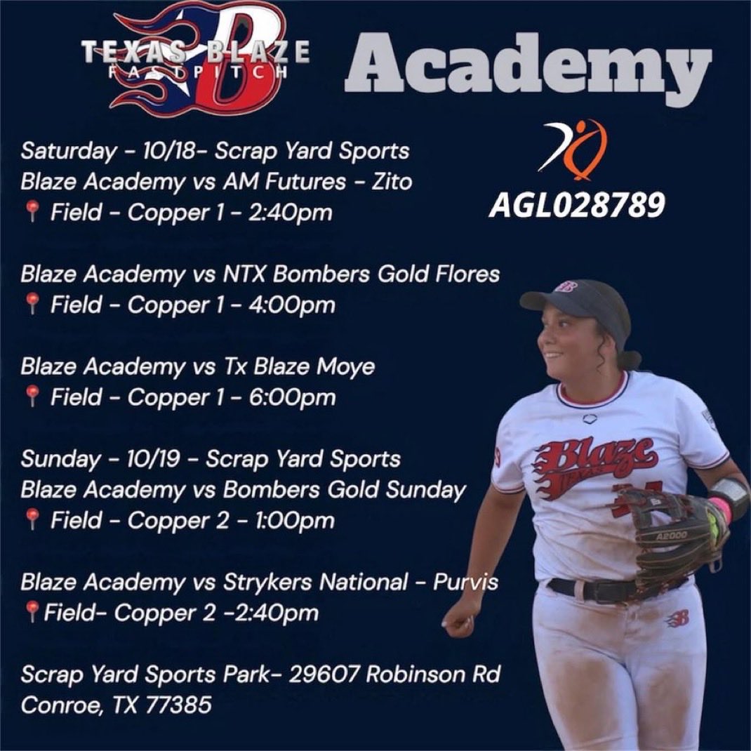On the road headed to Conroe for the Hot Shots Elite Showcase.

📍Scrap Yard Sports Park | Conroe, TX

Saturday, Oct 18
2:40 PM — vs AM Futures (Zito)
4:00 PM — vs NTX Bombers Gold (Flores)
6:00 PM — vs TX Blaze (Moye)