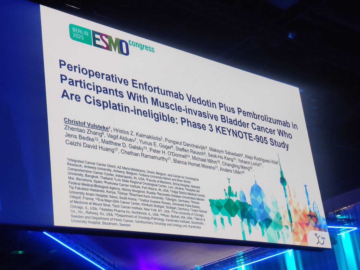 DrMirallas's tweet image. #ESMO25
Presidential Session 💥
🙌🏽 Practice Changing Trials

👉🏽 KEYNOTE-905: Enfortumab Vedotin+Pembro Cisplatin inelegible va Pembro #MIBC 

🗣️ Dr. Vulsteke
✅ EFS NR vs 15.7m HR 0.40
✅ OS NR vs 41.7m HR 0.50
✅ pCR 57.1 vs 8.6%

@OncoAlert
@myESMO  
@_SEOM