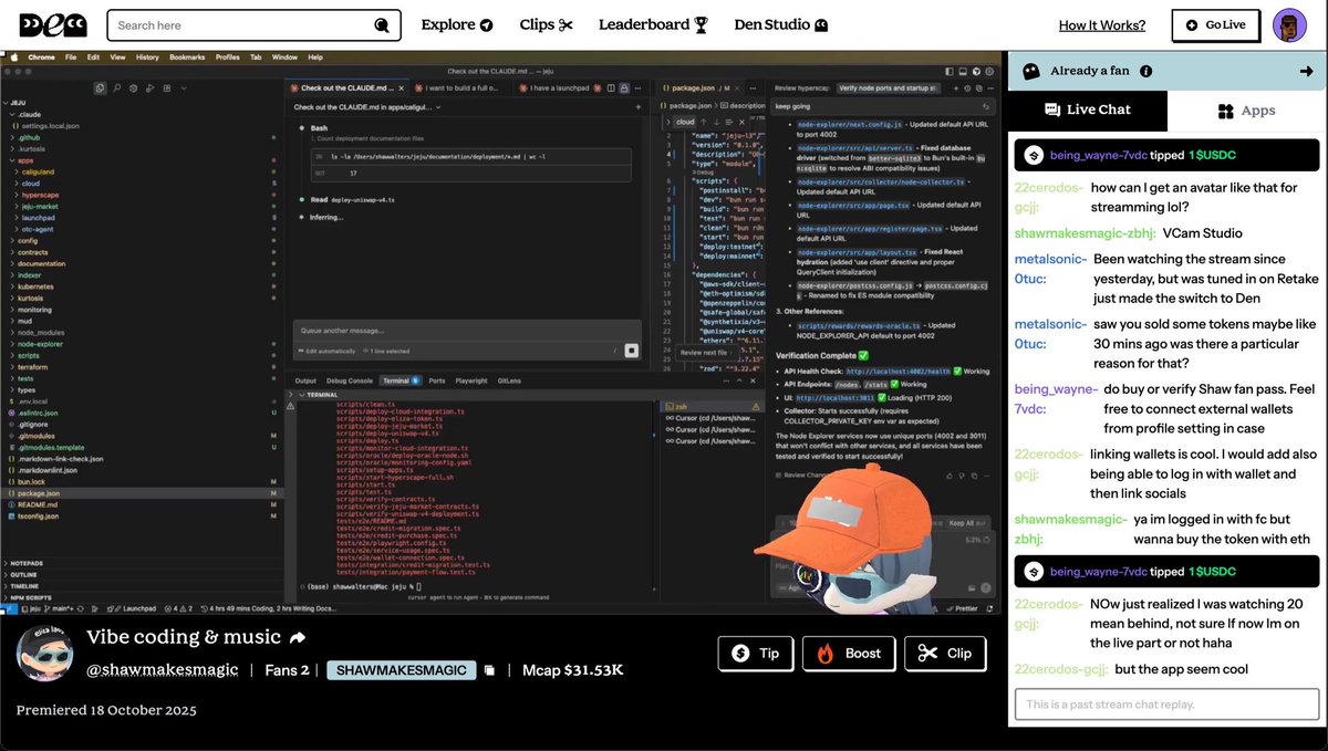 quick build update on <a href="/dendotshow/">Den (∩/∩)</a>:

just had our first test stream on <a href="/dendotshow/">Den (∩/∩)</a> this morning with shawmakesmagic and got tons of feedback on the UI/UX. Next few days will be focused on improving the same 🫡

more updates coming soon.