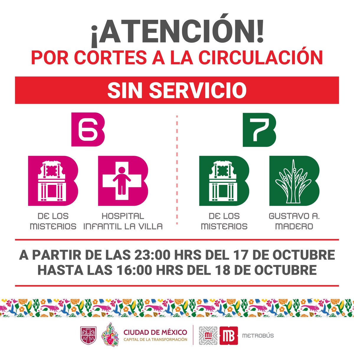 MetrobusCDMX's tweet photo. #AvisoImportante 🚨🚌

🎃 Te compartimos las modificaciones en el servicio para este fin de semana en las líneas 1, 3, 4, 7 y 6. 👻🍭🕯️👇🏼 https://t.co/fHnYwpc2cj