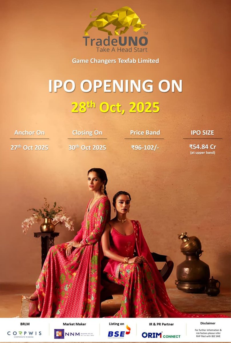 ipo_central's tweet photo. Game Changers Texfab IPO opens on 28 Oct. 

✅Anchor book opens on 27 Oct
✅IPO Size: INR 54.8 crore
✅Price Band: INR 96 - 102 per share 
✅PE ratio: 9.95 – 10.57
✅RONW: 70.9%

https://t.co/dWlDa74LXP

#GamechangersTexfab #IPOAlert https://t.co/d4VuILEaE4