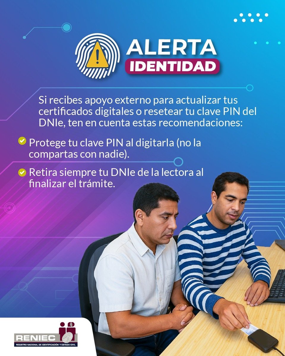ReniecPeru's tweet photo. #AlertaIdentidad
¿Vas a actualizar tus certificados digitales o resetear tu clave PIN del #DNIe con ayuda externa? Ten en cuenta estas recomendaciones:
🔹 Digita tu PIN con seguridad (no lo compartas con nadie).
🔹 Retira tu DNIe de la lectora al finalizar el trámite.
(1/2) https://t.co/6WkElQ1PGD