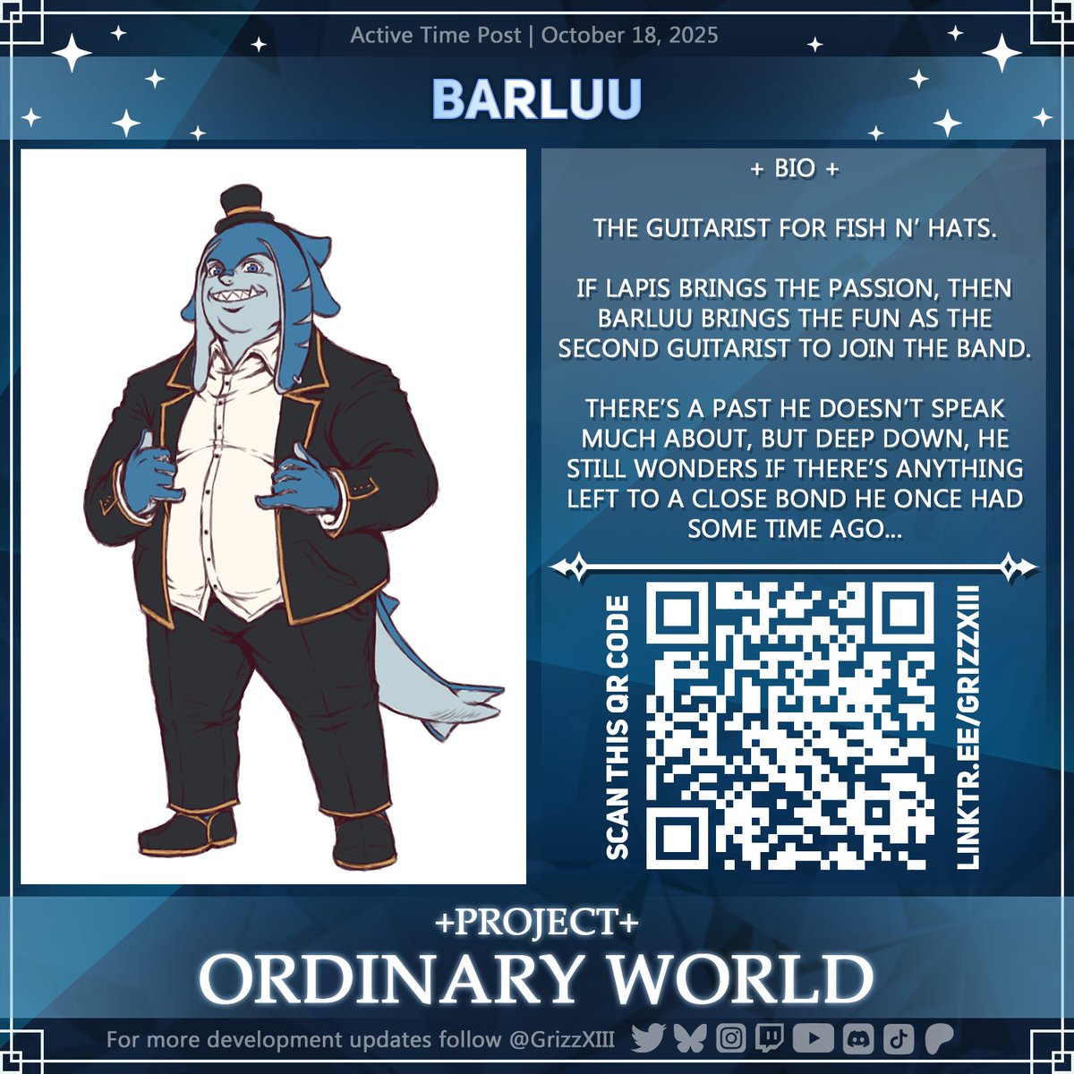 Howdy all!

Today's active time post is to shine the spotlight on another character for Project Ordinary World.

He's the 3rd member of the "Fish n' Hats" band, and he's here to bring the fun! 😎🤙

...But I wonder what unresolved mystery lies in his past?

#indiegames #indiedev