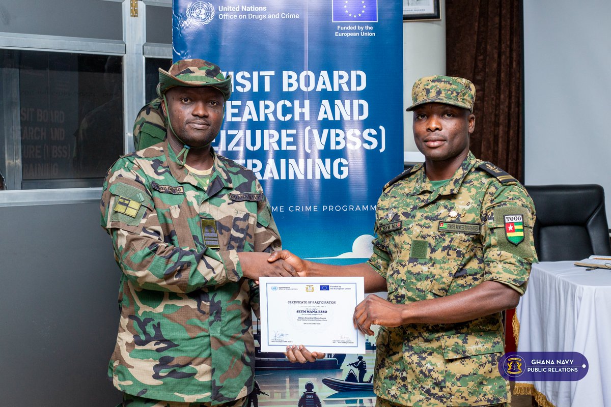 Ghana_Navy's tweet photo. The School of Maritime Operations (SMOPS) held a closing ceremony for the United Nations Office on Drugs and Crime (UNODC) Visit, Board, Search and Seizure (VBSS) Boarding Officers Course 4-25 on Friday, 17 October 2025, at the SMOPS Auditorium, Naval Training Command, Nutekpor. https://t.co/RtXY3hPKCc