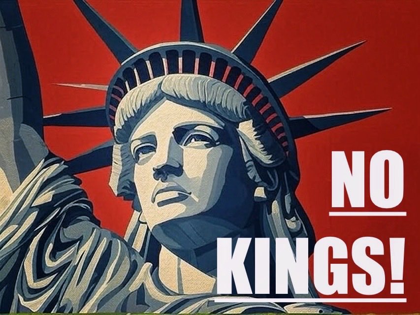 Strandjunker's tweet photo. America doesn’t have a king. But Donald Trump acts like one: Ignoring the Constitution, detaining citizens without due process, and attacking the rule of law. — That’s what “No Kings Day” protest is about. No wonder Trump is terrified of this. Let’s go! https://t.co/TCa0361M1r