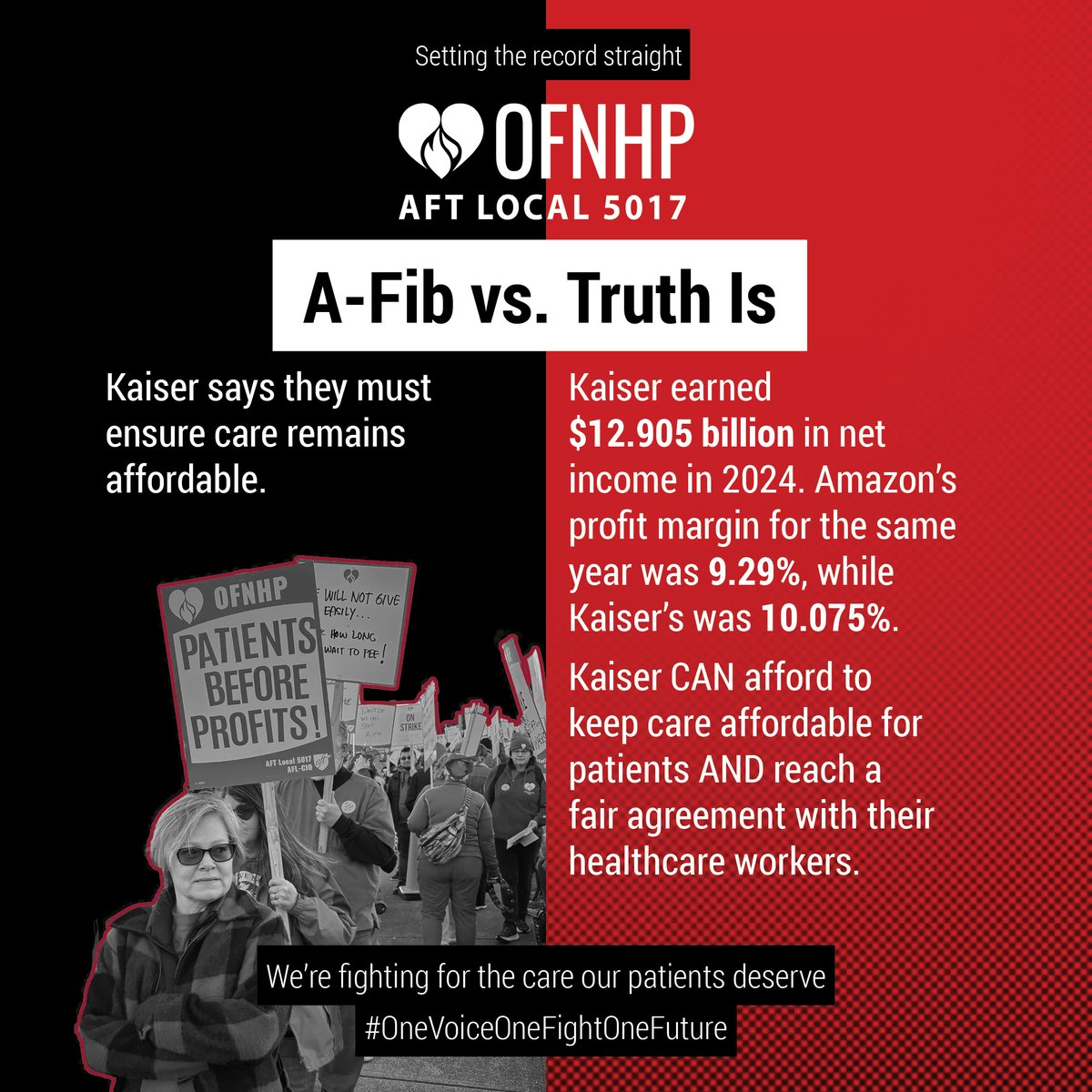 OFNHP's tweet image. Kaiser keeps saying they need to “keep care affordable.” But here’s the truth.

Kaiser CAN afford to keep care affordable for patients AND reach a fair agreement with their healthcare workers.

Learn more: ofnhp.aft.org/we-are-kaiser

#OneVoiceOneFightOneFuture #KaiserStrike